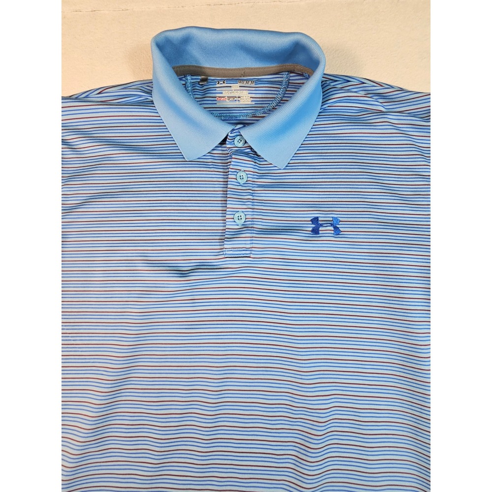 Under Armour HeatGear Mens Polo Shirt Medium Blueโ Striped Loose Fit Golf Top